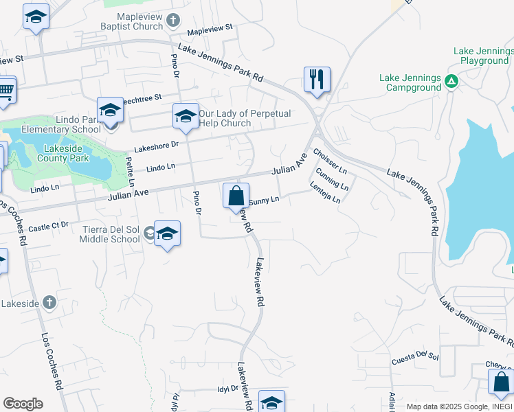 map of restaurants, bars, coffee shops, grocery stores, and more near 13429 Sunny Lane in Lakeside