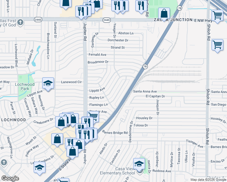 map of restaurants, bars, coffee shops, grocery stores, and more near 11629 Rupley Lane in Dallas