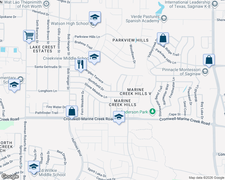 map of restaurants, bars, coffee shops, grocery stores, and more near 6500 North Chesterfield Drive in Fort Worth
