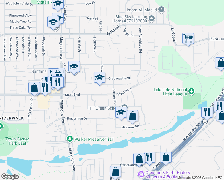 map of restaurants, bars, coffee shops, grocery stores, and more near 9818 Jeremy Street in Santee