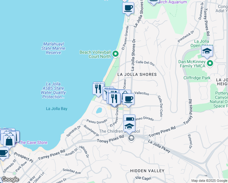 map of restaurants, bars, coffee shops, grocery stores, and more near 8263 Camino Del Oro in San Diego