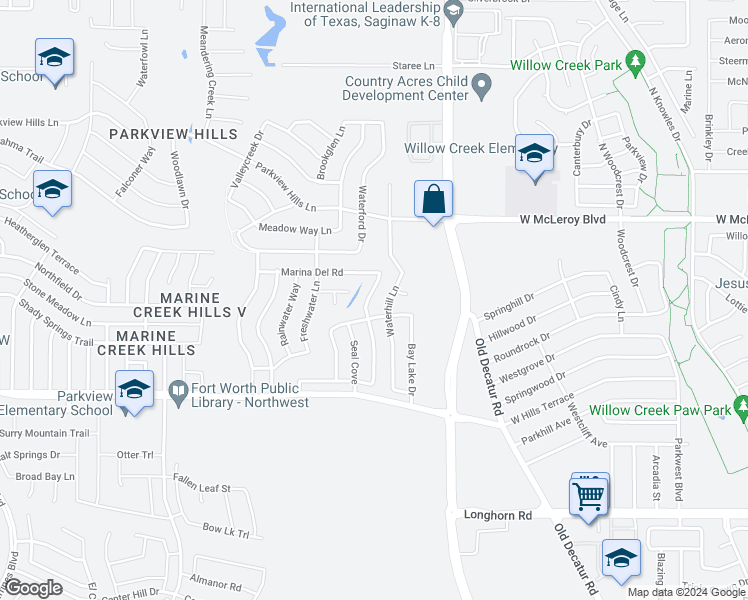 map of restaurants, bars, coffee shops, grocery stores, and more near 6440 Downeast Drive in Fort Worth