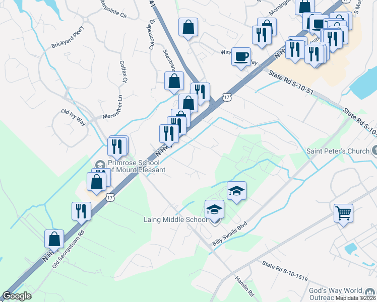 map of restaurants, bars, coffee shops, grocery stores, and more near 1120 Dan Road in Mount Pleasant