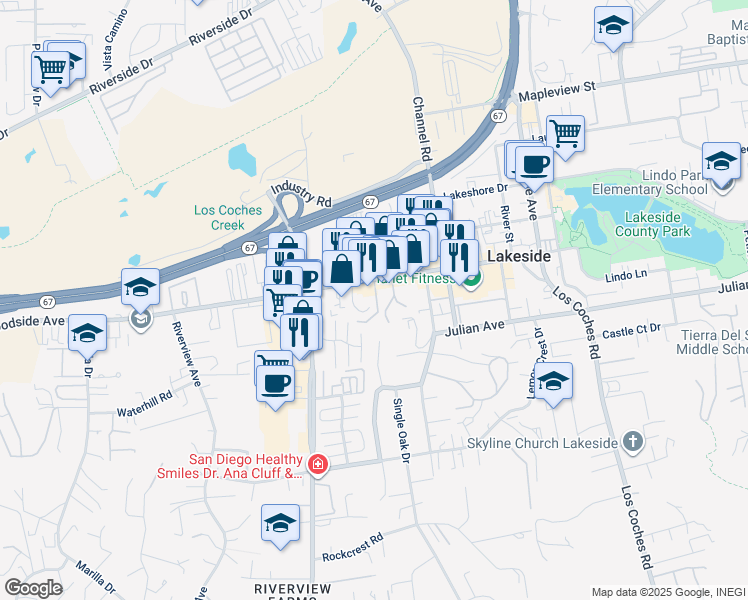map of restaurants, bars, coffee shops, grocery stores, and more near 9753 Shamrock Lane in Lakeside