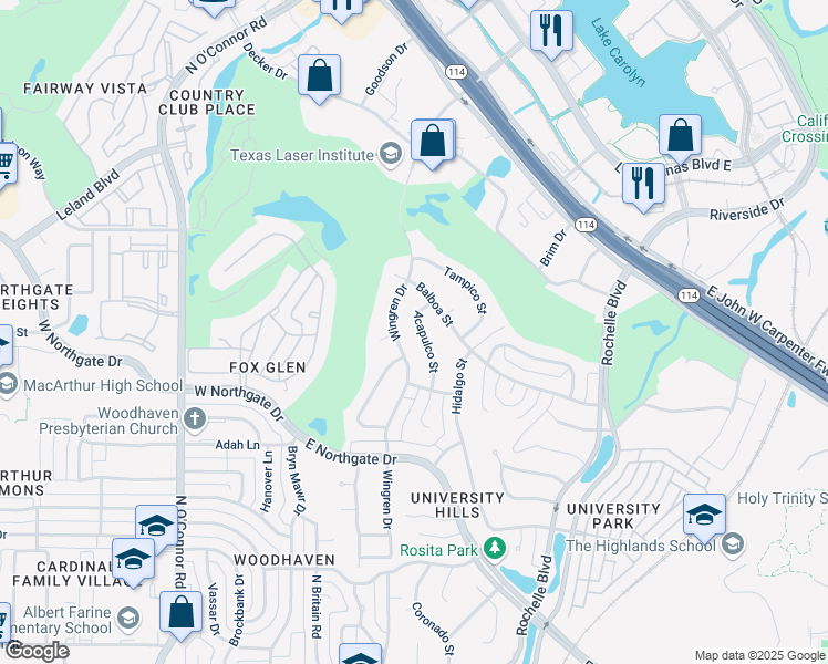 map of restaurants, bars, coffee shops, grocery stores, and more near 4006 Wingren Drive in Irving