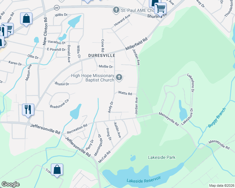 map of restaurants, bars, coffee shops, grocery stores, and more near 2722 Flewellyn Drive in Macon