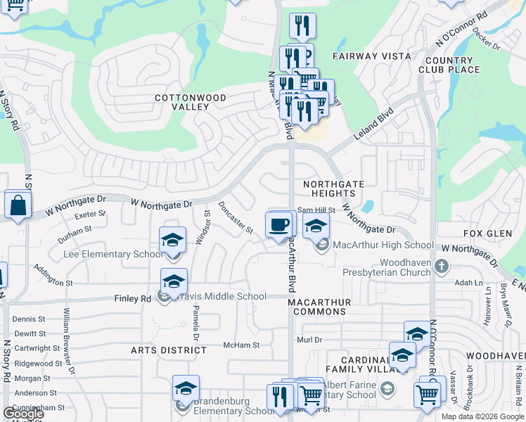 map of restaurants, bars, coffee shops, grocery stores, and more near 1210 West Farnham Court in Irving
