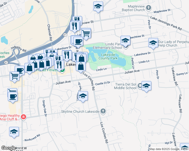 map of restaurants, bars, coffee shops, grocery stores, and more near 12617 Lindo Lane in Lakeside