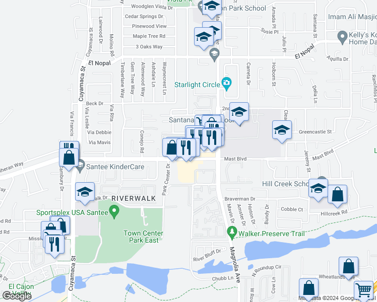 map of restaurants, bars, coffee shops, grocery stores, and more near 9838 North Magnolia Avenue in Santee