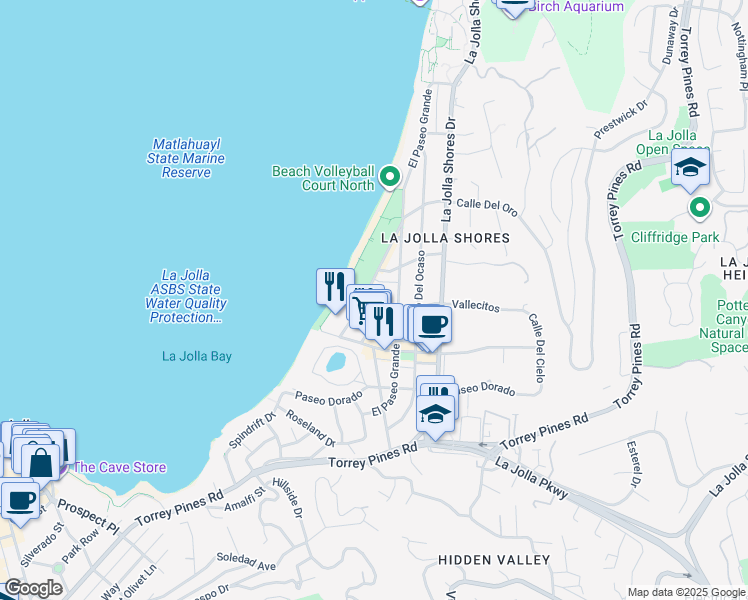 map of restaurants, bars, coffee shops, grocery stores, and more near 8263 Camino Del Oro in San Diego