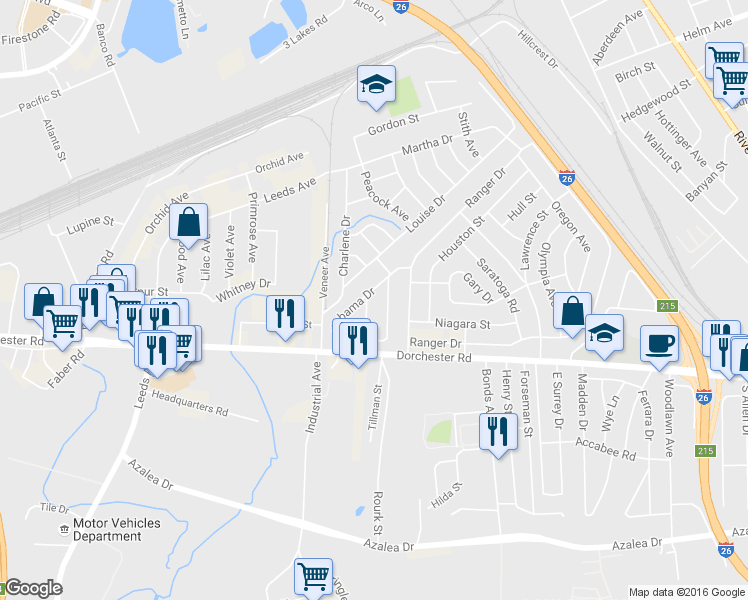 map of restaurants, bars, coffee shops, grocery stores, and more near 2863 Alabama Drive in North Charleston