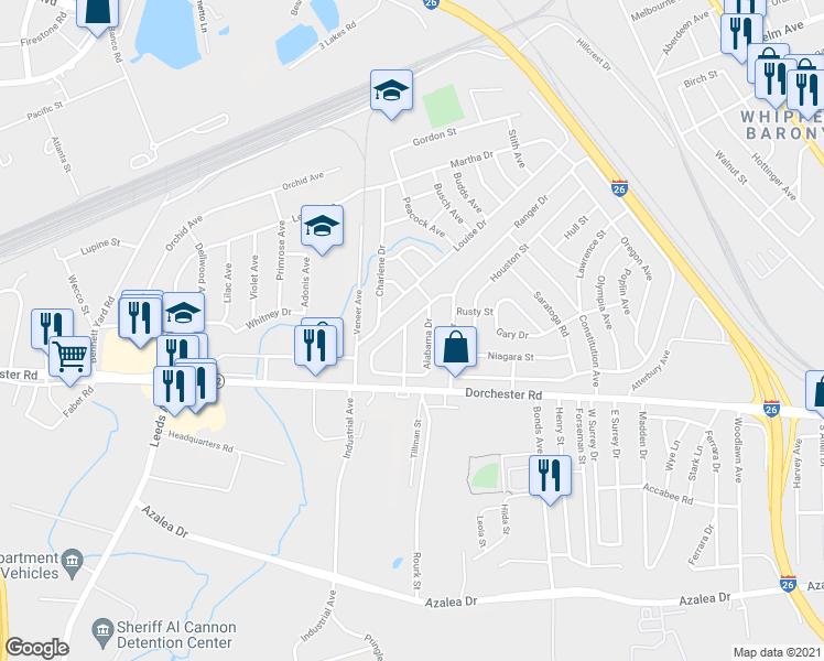 map of restaurants, bars, coffee shops, grocery stores, and more near 2863 Alabama Drive in North Charleston
