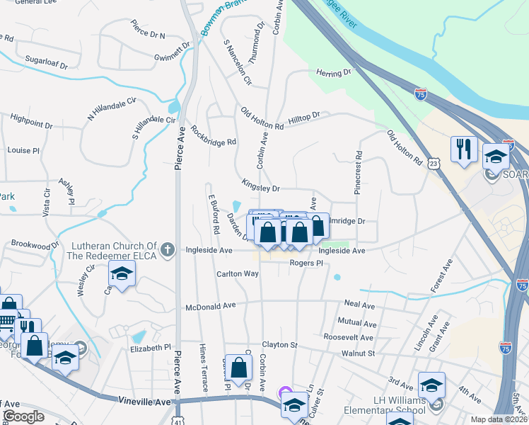 map of restaurants, bars, coffee shops, grocery stores, and more near 2363 Berthadale Avenue in Macon