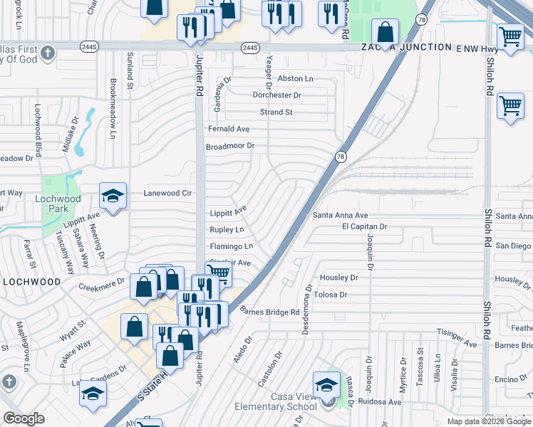 map of restaurants, bars, coffee shops, grocery stores, and more near 11629 Rupley Lane in Dallas