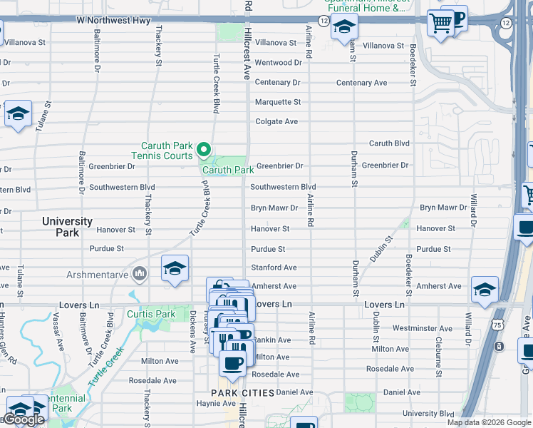 map of restaurants, bars, coffee shops, grocery stores, and more near 3325 Bryn Mawr Drive in Dallas