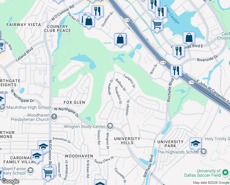 map of restaurants, bars, coffee shops, grocery stores, and more near 4006 Wingren Drive in Irving
