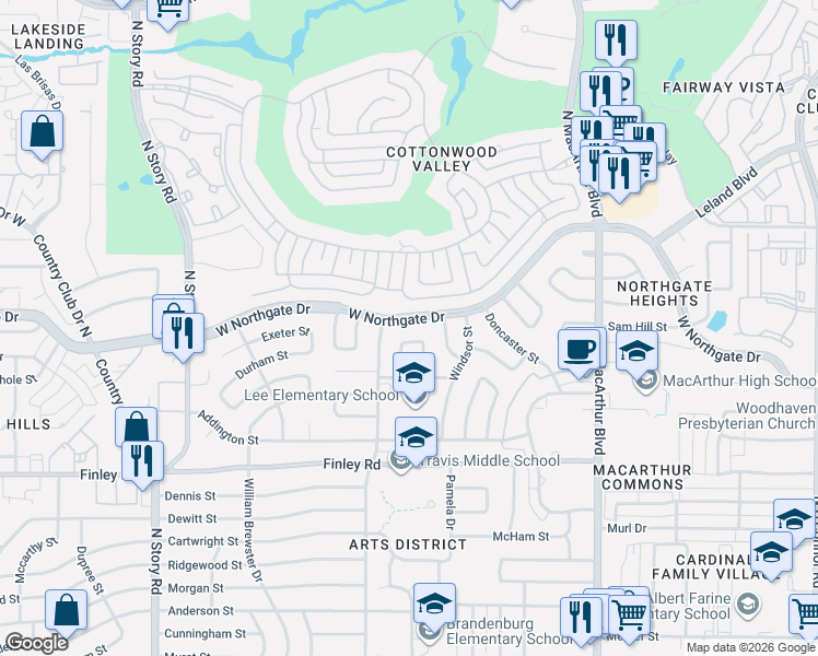 map of restaurants, bars, coffee shops, grocery stores, and more near 1608 West Northgate Drive in Irving