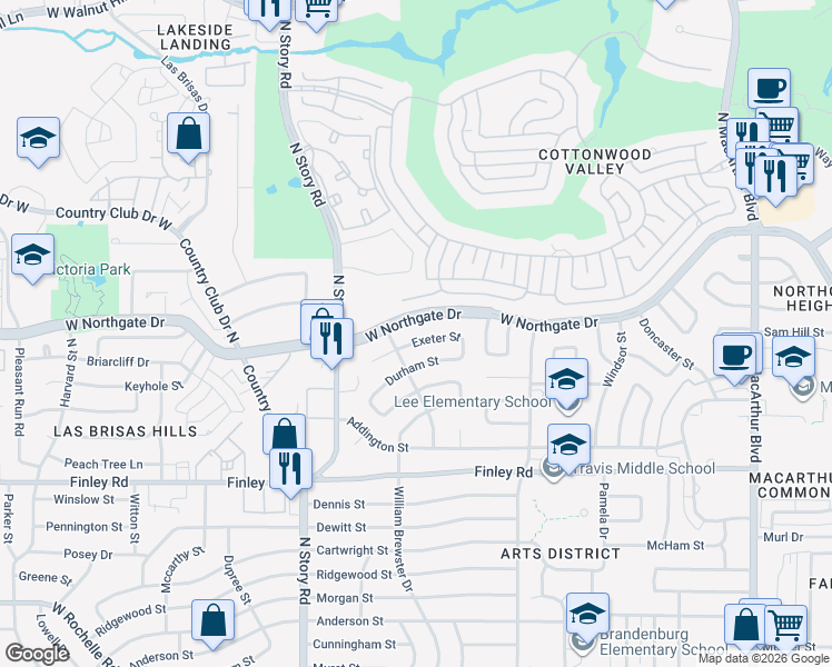 map of restaurants, bars, coffee shops, grocery stores, and more near 2002 West Northgate Drive in Irving