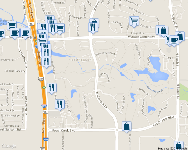 map of restaurants, bars, coffee shops, grocery stores, and more near 3701 Redwood Creek Lane in Fort Worth
