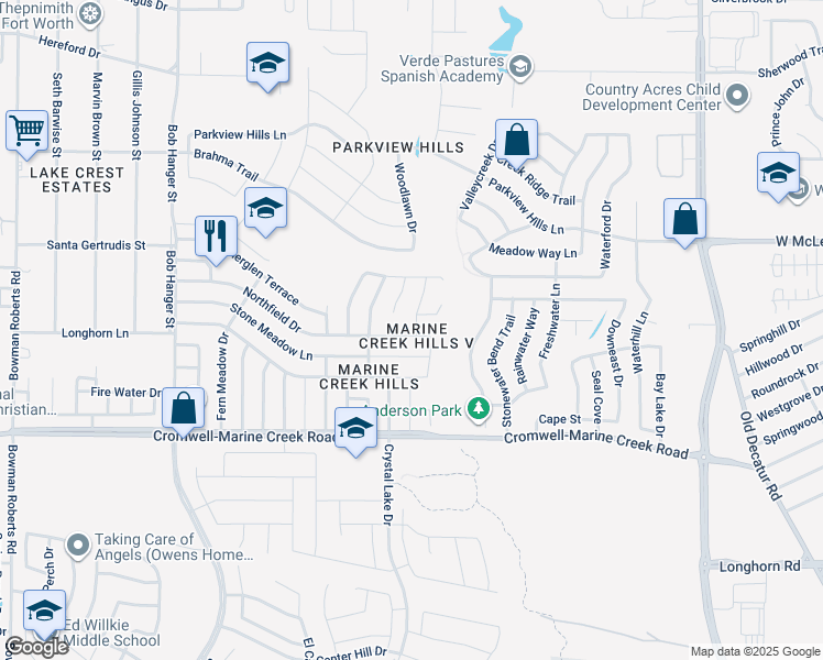 map of restaurants, bars, coffee shops, grocery stores, and more near 5333 Northfield Drive in Fort Worth