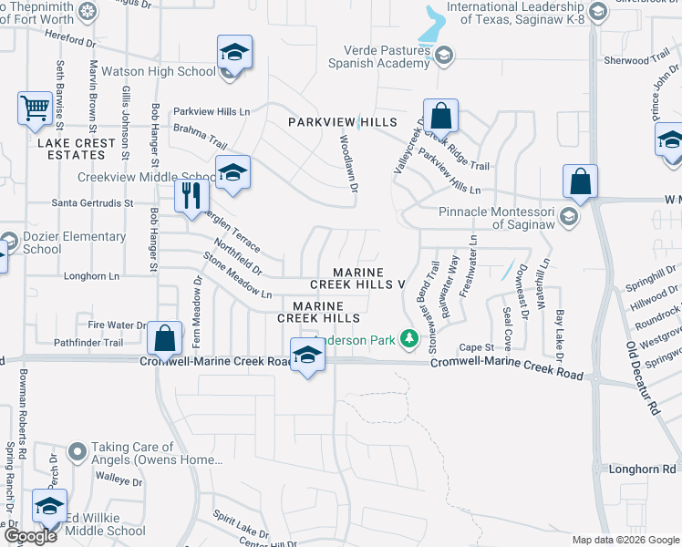 map of restaurants, bars, coffee shops, grocery stores, and more near 5333 Northfield Drive in Fort Worth