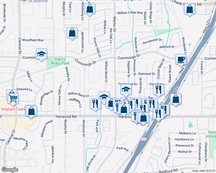 map of restaurants, bars, coffee shops, grocery stores, and more near 3116 Willow Bend in Bedford
