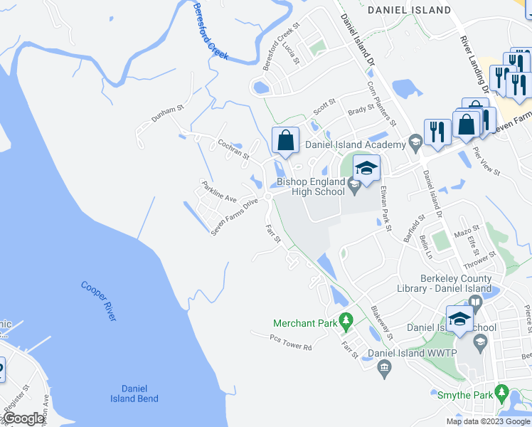map of restaurants, bars, coffee shops, grocery stores, and more near 1 Farr Street in Charleston