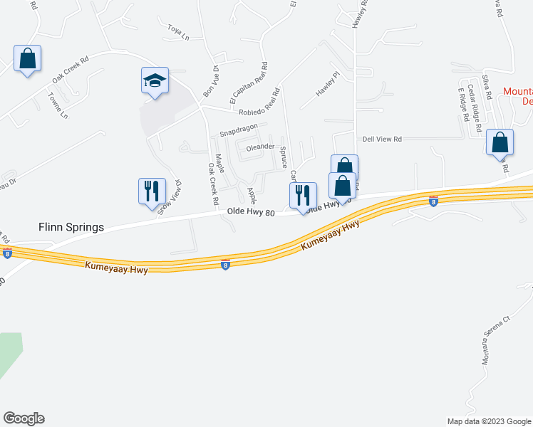 map of restaurants, bars, coffee shops, grocery stores, and more near 15462 Olde Highway 80 in El Cajon