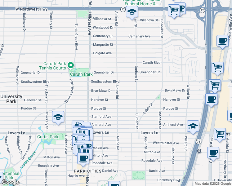 map of restaurants, bars, coffee shops, grocery stores, and more near 3201 Bryn Mawr Drive in Dallas