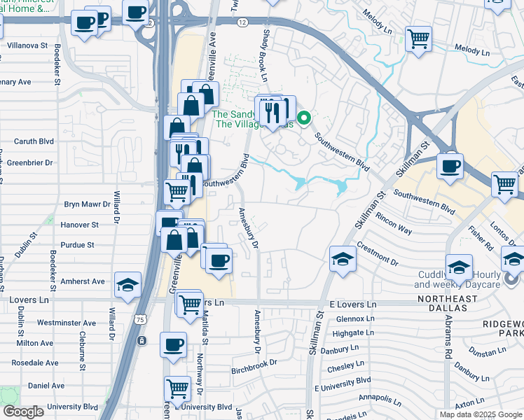 map of restaurants, bars, coffee shops, grocery stores, and more near 5454 Amesbury Drive in Dallas