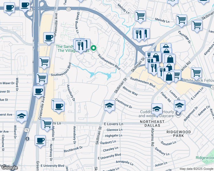 map of restaurants, bars, coffee shops, grocery stores, and more near 8820 Meadow Bend Drive in Dallas