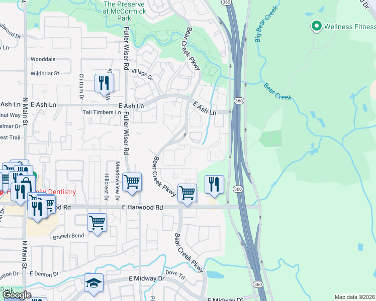 map of restaurants, bars, coffee shops, grocery stores, and more near 1401 Texas 360 in Euless