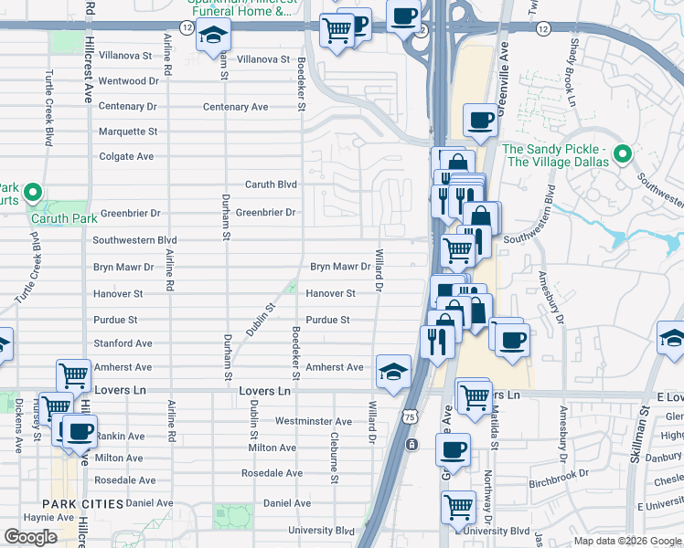 map of restaurants, bars, coffee shops, grocery stores, and more near 7630 Bryn Mawr Drive in Dallas