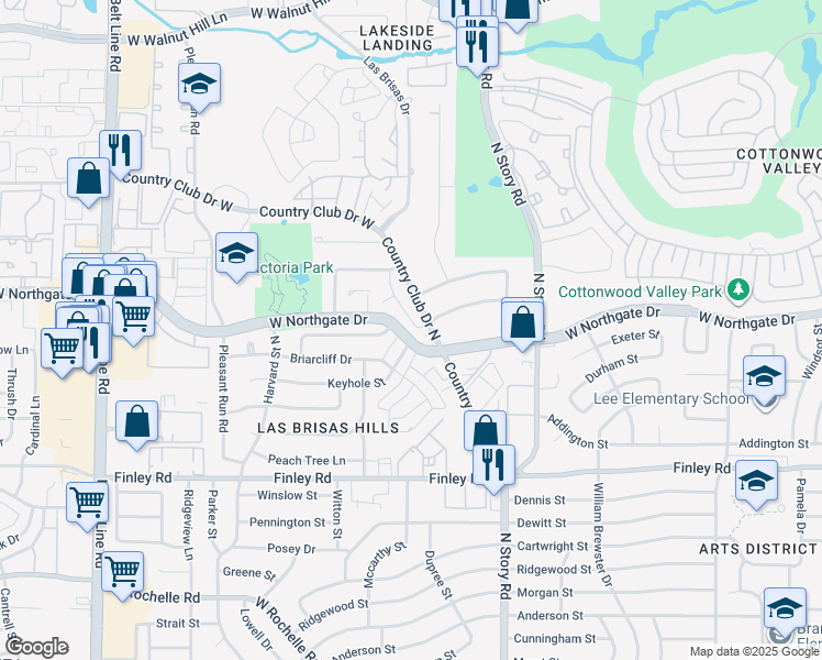 map of restaurants, bars, coffee shops, grocery stores, and more near 3805 Country Club Drive North in Irving