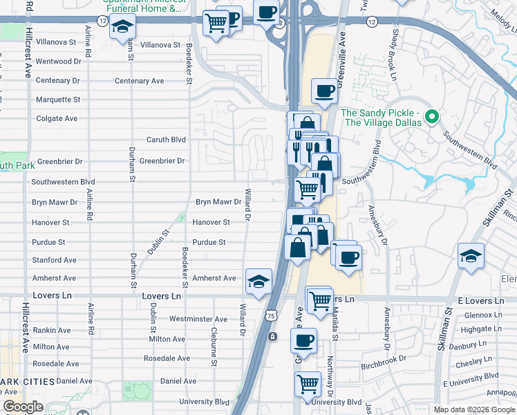 map of restaurants, bars, coffee shops, grocery stores, and more near 7814 Bryn Mawr Drive in Dallas