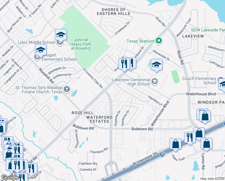 map of restaurants, bars, coffee shops, grocery stores, and more near 3010 Capstone Lane in Garland