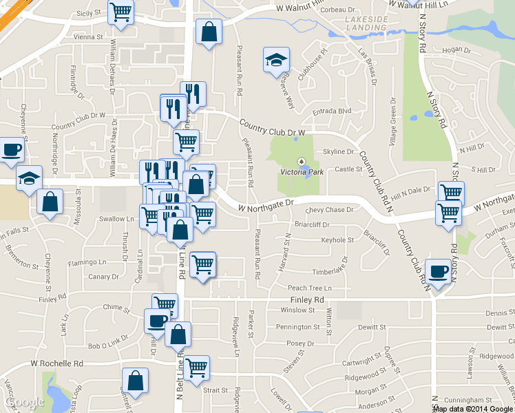 map of restaurants, bars, coffee shops, grocery stores, and more near West Northgate Drive & Pleasant Run Road in Irving