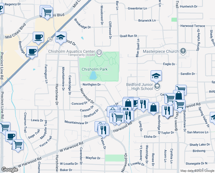 map of restaurants, bars, coffee shops, grocery stores, and more near 2061 Parkridge Drive in Hurst