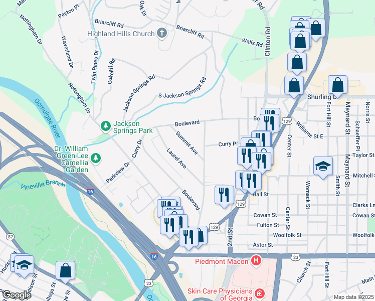 map of restaurants, bars, coffee shops, grocery stores, and more near 952 Summit Avenue in Macon