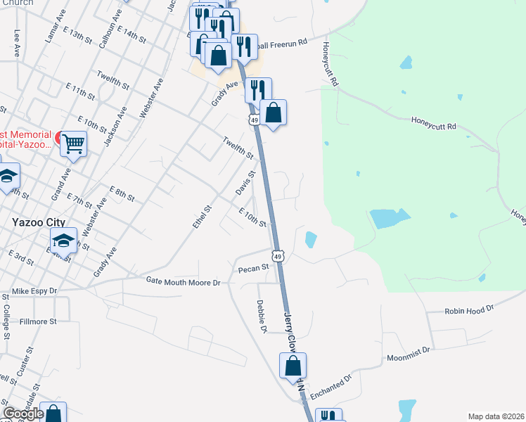 map of restaurants, bars, coffee shops, grocery stores, and more near 801-899 Jerry Clower Blvd N in Yazoo City