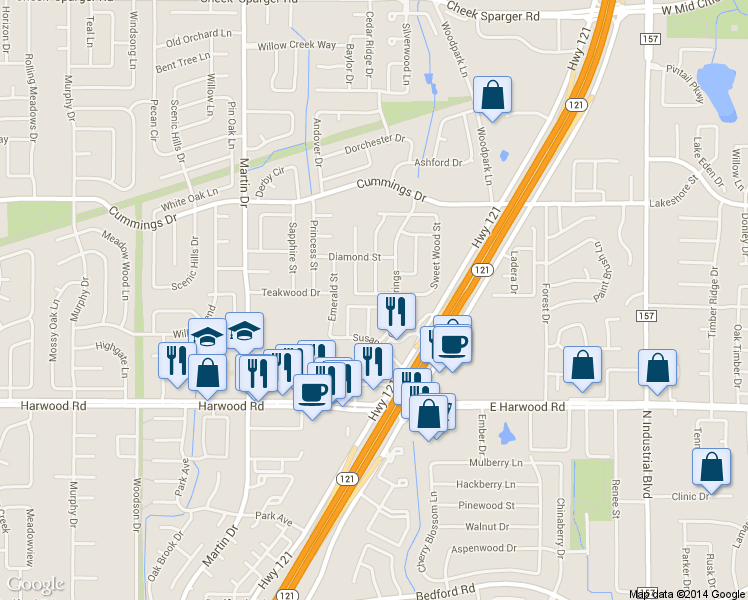 map of restaurants, bars, coffee shops, grocery stores, and more near 3100 Vintage Way in Bedford