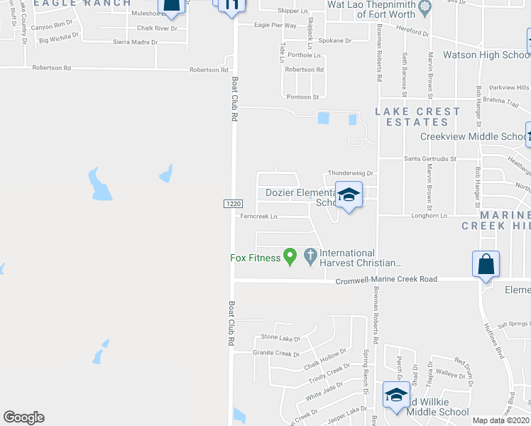 map of restaurants, bars, coffee shops, grocery stores, and more near 6364 Ferncreek Lane in Fort Worth