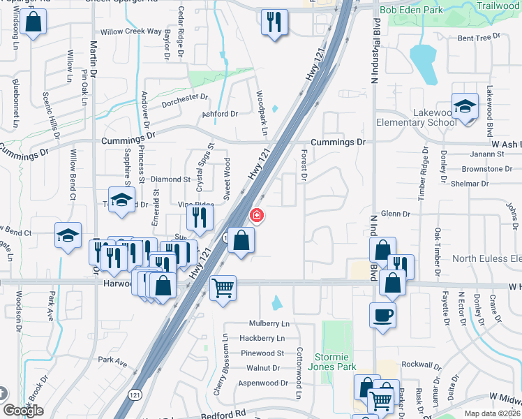 map of restaurants, bars, coffee shops, grocery stores, and more near 3600 Silverio Trail in Bedford