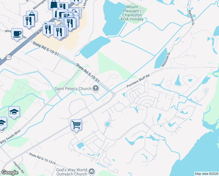 map of restaurants, bars, coffee shops, grocery stores, and more near 1342 Porchers Bluff Road in Mount Pleasant