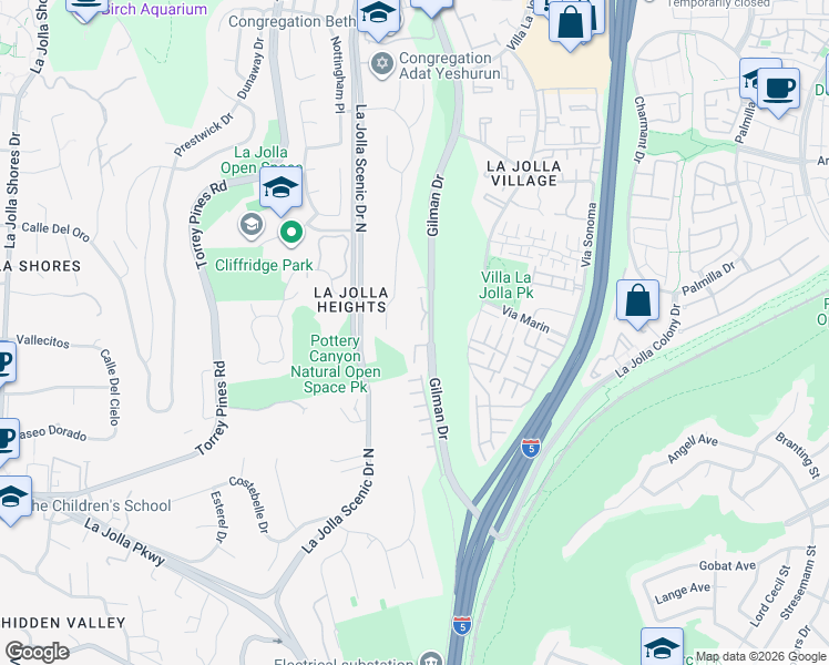map of restaurants, bars, coffee shops, grocery stores, and more near 8282 Gilman Drive in San Diego