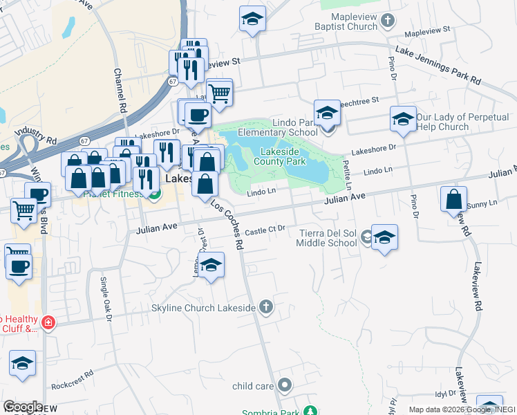 map of restaurants, bars, coffee shops, grocery stores, and more near 12646 Julian Avenue in Lakeside