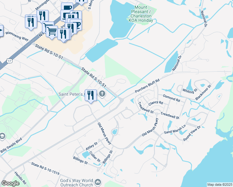 map of restaurants, bars, coffee shops, grocery stores, and more near 1342 Porchers Bluff Road in Mount Pleasant