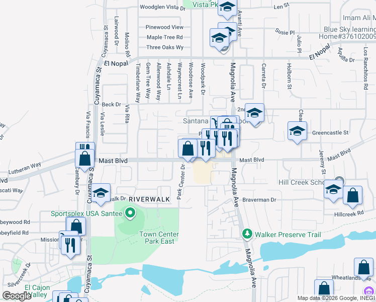 map of restaurants, bars, coffee shops, grocery stores, and more near 9829 Caspi Gardens Drive in Santee