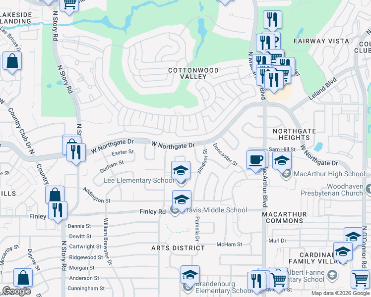 map of restaurants, bars, coffee shops, grocery stores, and more near 1608 West Northgate Drive in Irving