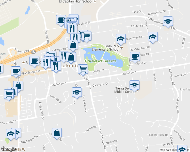 map of restaurants, bars, coffee shops, grocery stores, and more near 12706 Julian Avenue in Lakeside